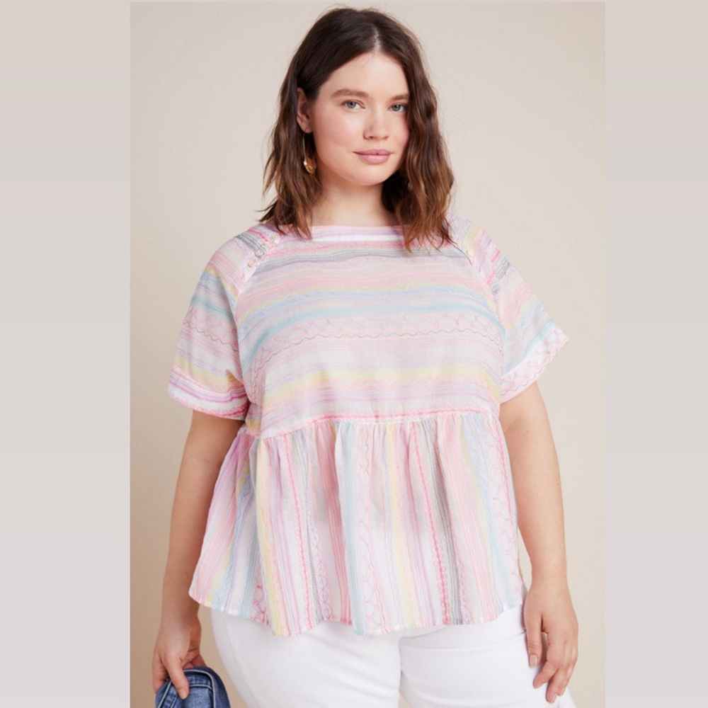 Anthropologie Neon Embroidered Babydoll Top - Picture 1 of 6